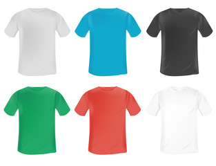 set of vector colorful blank t-shirt mockup with a round collar in a different style in 3D. isolated on white background. classic t-shirt design template