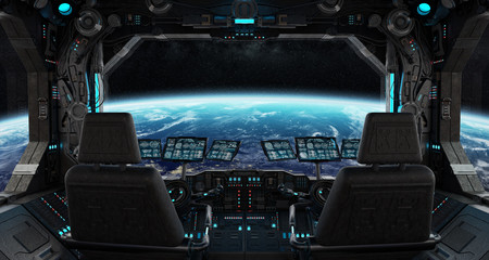 Naklejka premium Statek kosmiczny grunge wnętrza z widokiem na planecie Ziemia