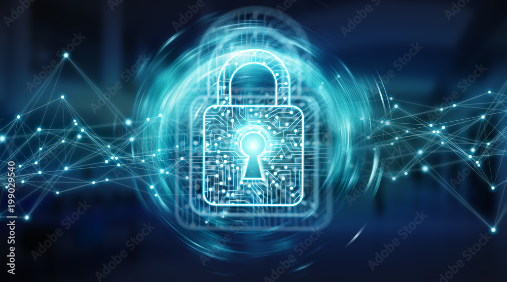 Poster Digital padlock securing datas background 3D rendering