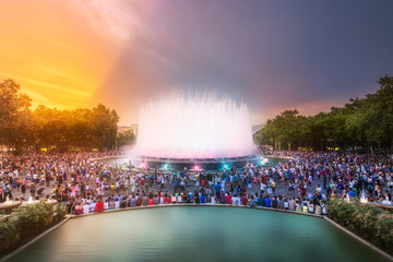 Night view of Magic Fountain in Barcelona, Spain