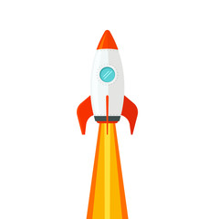 Rocket ship flying isolated on white background vector illustration, flat cartoon design of rocketship launch, missile flight clipart image © vladwel