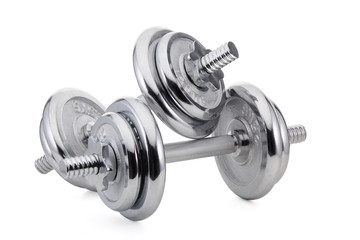 Steel dumbbell and weights.