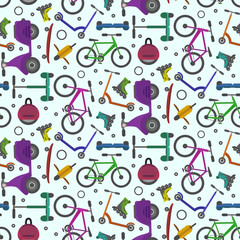 Colorful teenager city transport seamless pattern on light blue background. Bright colors youth urban eco transport bike, skate, kick scooter texture for textile, wrapping paper, package © Tatahnka