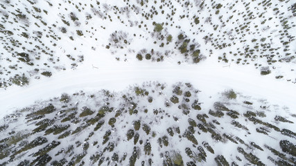 Aerial drone view of road in idyllic winter landscape. Street running through the nature from a birds eye view.