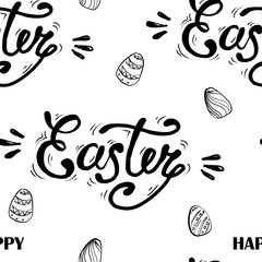 Happy Easter lettering on seamless background. Seamless pattern with eggs. Vector illustration.