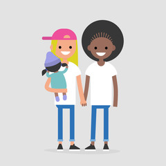 Young modern family: two parents and their baby. Millennials. Young adults. Lifestyle / flat editable vector illustration, clip art