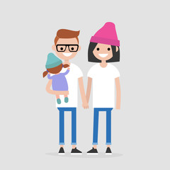 Young modern family: two parents and their baby. Millennials. Young adults. Lifestyle / flat editable vector illustration, clip art