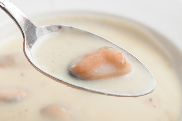 closeup of mold in spoon over a plate of soup