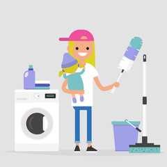 Daily routine. Multitasking. Cleaning apartment, washing clothes and taking care of a child / flat editable vector illustration, clip art