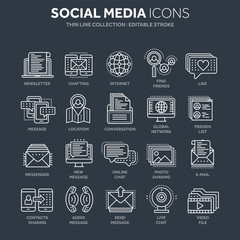 Communication. Social media. Online chatting. Phone call, app messenger. Mobile,smartphone. Computing.Email. Thin line white web icon set. Outline icons collection. Vector illustration.