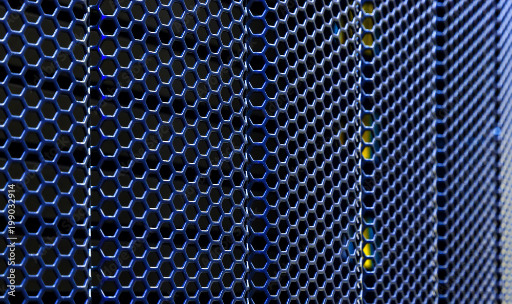 Wall mural close up of front server computer grill. depth of field blur