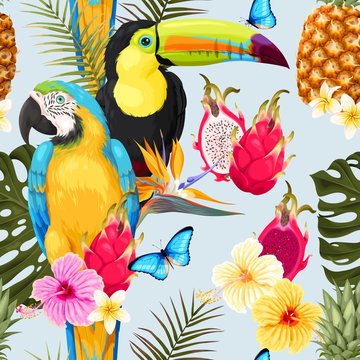 Seamless birds and flowers