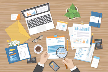 Businessman auditor inspects financial documents. Man's hands with magnifying glass above forms. Research, auditing, management, planning, accounting, analysis, data, reporting. Wooden table Vector 
