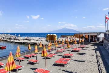  Beach,  the volcano Mount Vesuvius in the background. Vico Equense. Italy.