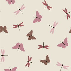 Summer seamless pattern with butterfly and dragonfly on a light background. Vector.
