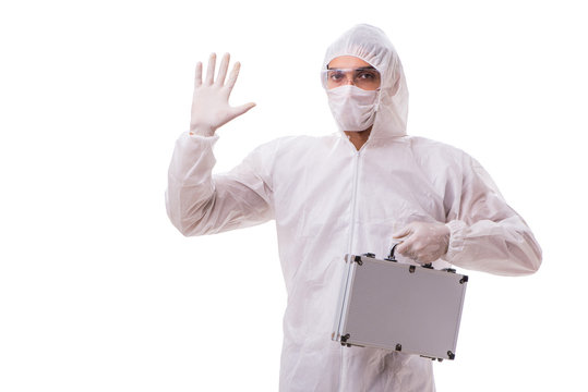 Criminologist in protective suit with steel case