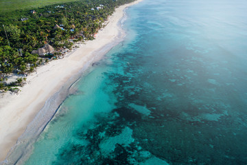 Sea Aerial view, Top view, amazing nature background. The color of the water and beautifully bright. Azure beach. Top view aerial photo from flying drone of an amazingly beautiful sea landscape.