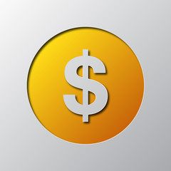 Paper art of the yellow symbol of dollar currency. Vector illustration.