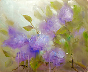 Lilac flowers ander rain. Spring flowers invitation oil painting on canvas © Valenty