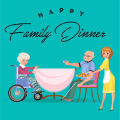 family eating dinner at home, happy people eat food together, mom treat grandfather sitting by dining table, girl takes care of old grandmother, disabled woman on wheelchair vector illustration