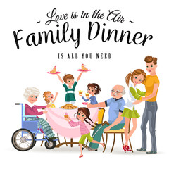 family eating dinner at home, happy people eat food together, mom and dad treat grandfather sitting by dining table, girl takes care of old grandmother, children hold cakes vector illustration