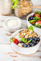 Bowl of natural yogurt with granola and fresh berries