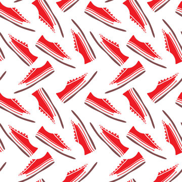 red textile sneakers with white laces, seamless pattern