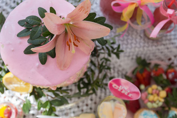 Tasty pink cake on a dessert table at a baby shower party for a girl