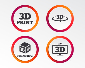 3d technology icons. Printer, rotation arrow sign symbols. Print cube. Infographic design buttons. Circle templates. Vector