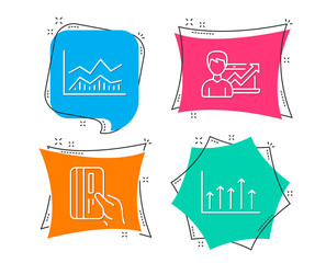 Set of Trade infochart, Payment card and Success business icons. Growth chart sign. Business analysis, Credit card, Growth chart. Upper arrows.  Flat geometric colored tags. Vivid banners. Vector