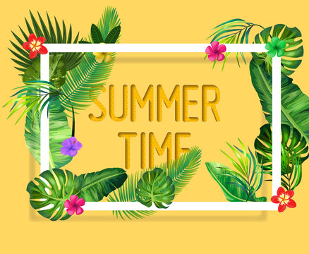 Summer tropical vector illustration with exotic palm leaves, hibiscus flowers and Hello Summer handlettering.