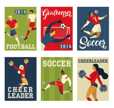 Football soccer players and cheerleaders set posters of characters vector illustration.