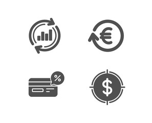 Set of Exchange currency, Cashback and Update data icons. Dollar target sign. Reshresh exchange rate, Non-cash payment, Sales chart. Aim with usd.  Quality design elements. Classic style. Vector