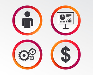 Fototapeta premium Business icons. Human silhouette and presentation board with charts signs. Dollar currency and gear symbols. Infographic design buttons. Circle templates. Vector