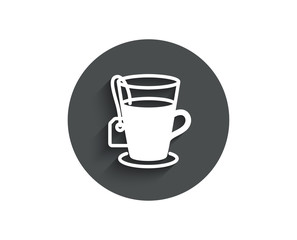 Tea with bag simple icon. Hot drink sign. Fresh beverage symbol. Circle flat button with shadow. Vector