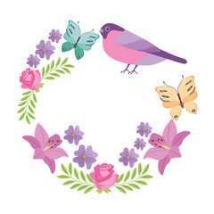 wreath flowers with butterflies and bird vector illustration design