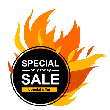 Circle banner with Special sale. Black card for hot offer with frame fire graphic