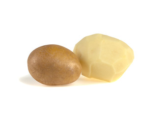 two potatoes, peeled potatoes on a white background