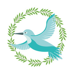 cute bird flying with wreath flowers vector illustration design