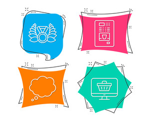 Set of Laureate medal, Comic message and Coffee vending icons. Web shop sign. Laurel wreath, Speech bubble, Coffee vending machine. Shopping cart.  Flat geometric colored tags. Vivid banners. Vector