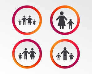 Family with two children icon. Parents and kids symbols. One-parent family signs. Mother and father divorce. Infographic design buttons. Circle templates. Vector