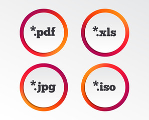 Document icons. File extensions symbols. PDF, XLS, JPG and ISO virtual drive signs. Infographic design buttons. Circle templates. Vector