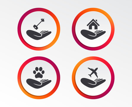 Helping hands icons. Shelter for dogs symbol. Home house or real estate and key signs. Flight trip insurance. Infographic design buttons. Circle templates. Vector