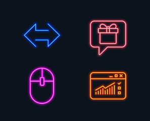 Neon lights. Set of Computer mouse, Sync and Wish list icons. Web traffic sign. Pc equipment, Synchronize, Present box. Website window.  Glowing graphic designs. Vector