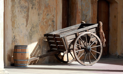 old wooden cart with old wall, San Juan, Puerto Rico, Caribbean