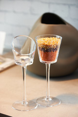 Grains in a glass on the kitchen counter. Decor for modern luxury kitchen