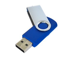 Close-up of USB flash memory stick. Blue body with a silver lid. Isolated on white background. High-quality macro photography.