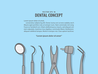 Layout Dental tools illustration vector on blue background. Dental concept.
