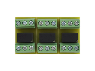 Obraz premium Close-up of expansion module of three relays with contacts on the PCB for wires connecting. Green and black colour. Isolated on white background. High-quality macro photography.