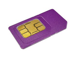 Close-up of purple mobile phone sim card with gold chip. Isolated on white background. High-quality macro photography.